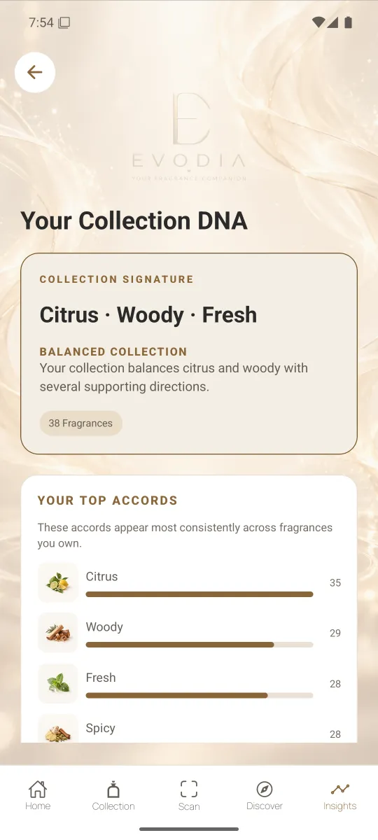 Collection DNA showing themed artwork and the top accords in an example collection