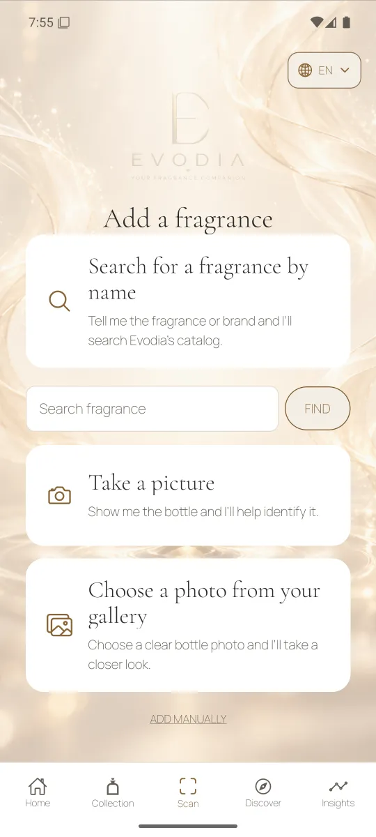 Add a fragrance in Evodia by searching, taking a bottle photo, or choosing a gallery photo