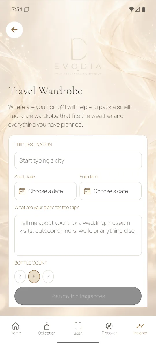Travel Wardrobe in Evodia with destination, dates, trip plans, and bottle count