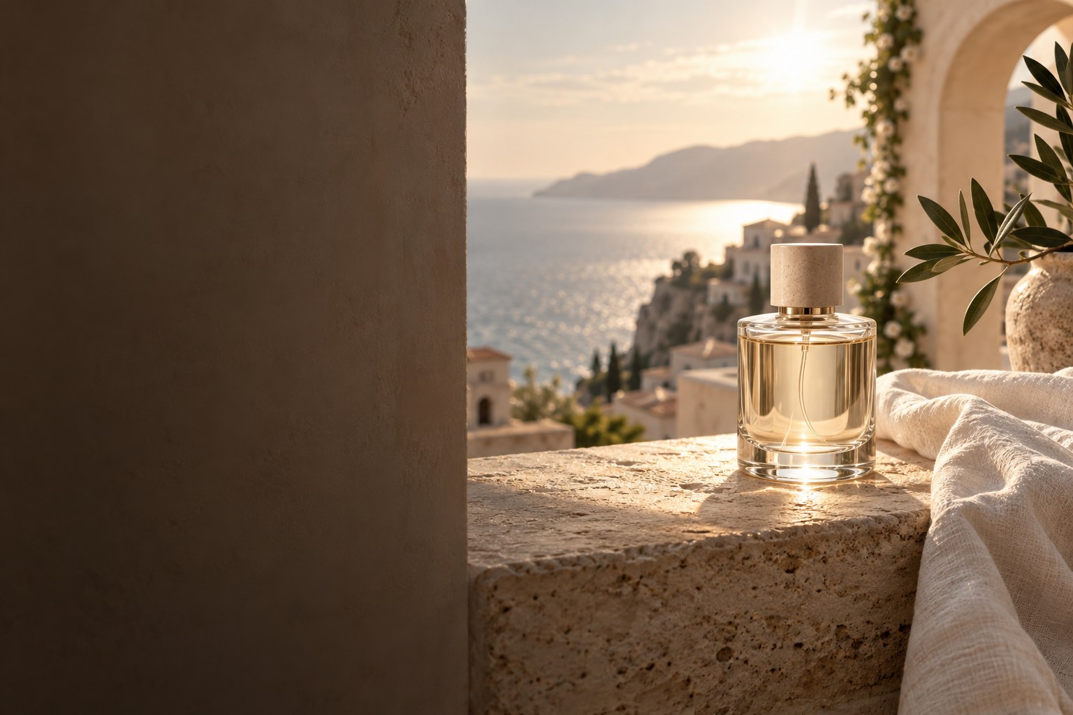 Frasco de perfume sin marca sobre una repisa de piedra al sol