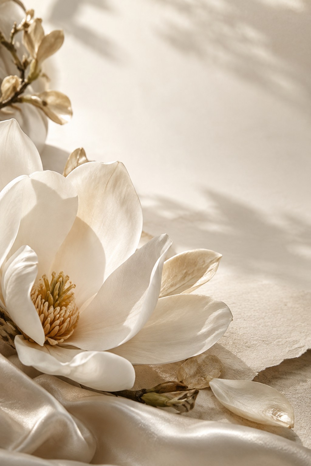 Pétalos y hojas de magnolia en tonos marfil cálidos