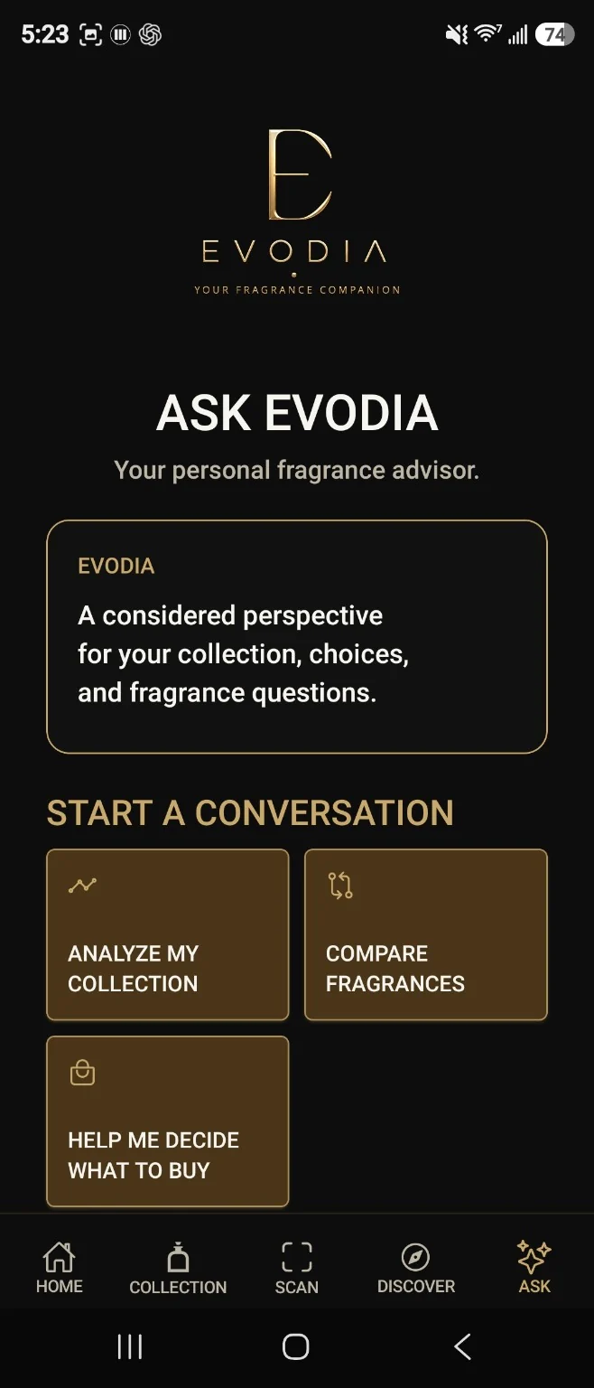 Ask Evodia app conversation screen